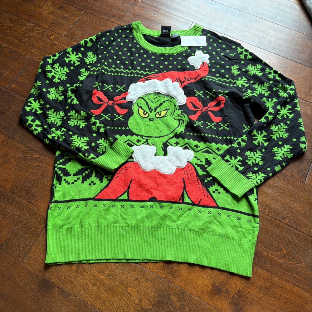 Dr. Seuss The Grinch Christmas Sweater Mens XXL Black Green Holiday Crew Neck